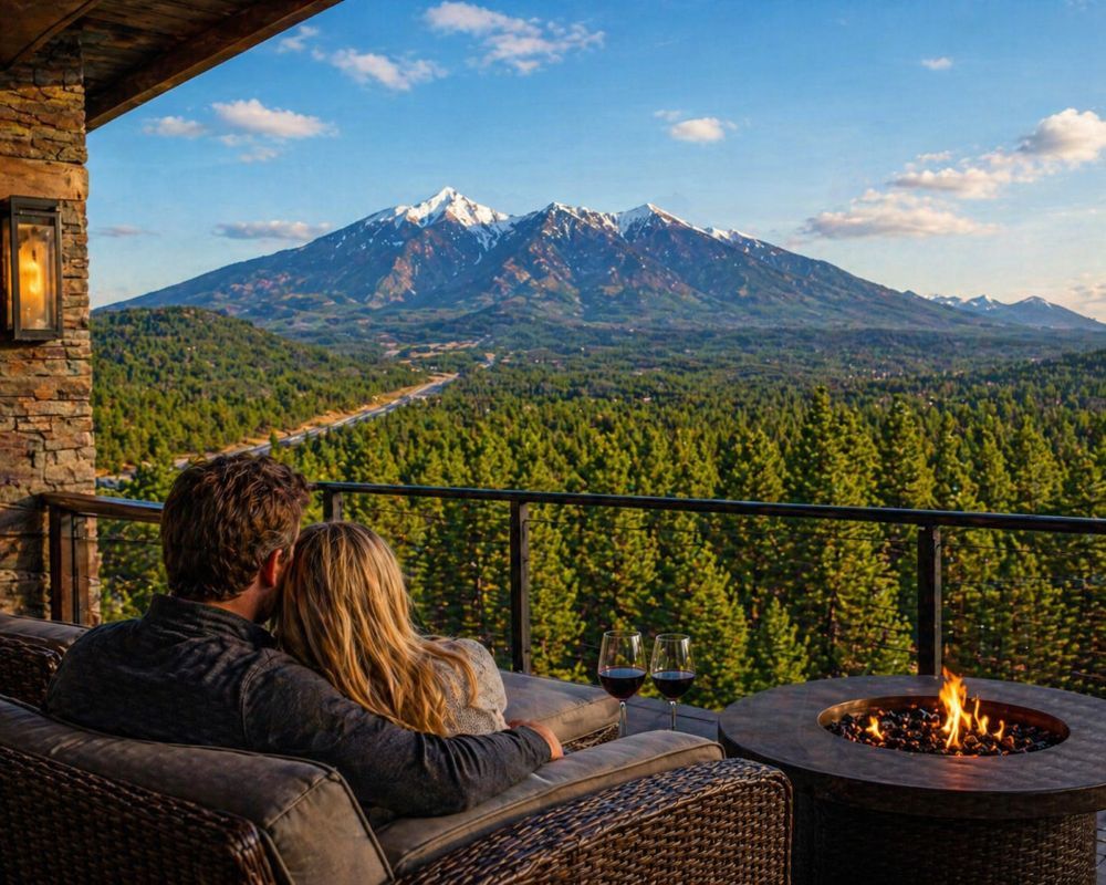 couple relaxing on a mountain home deck overlooking pine forest and snow capped peaks in Parks Arizona near Flagstaff