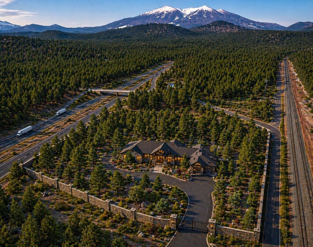 aerial view of 5 acre property for sale in Parks Arizona near Flagstaff showing highway access and ponderosa pine forest