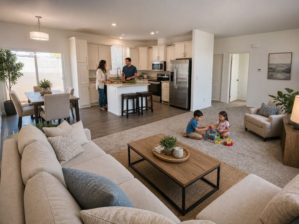 Family enjoying open floor plan living room and kitchen in modern Phoenix AZ home for sale with upgraded interior